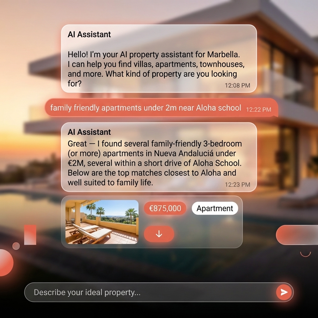 Ejemplo de conversación de búsqueda inmobiliaria con IA de Propelos mostrando consulta en lenguaje natural y resultados