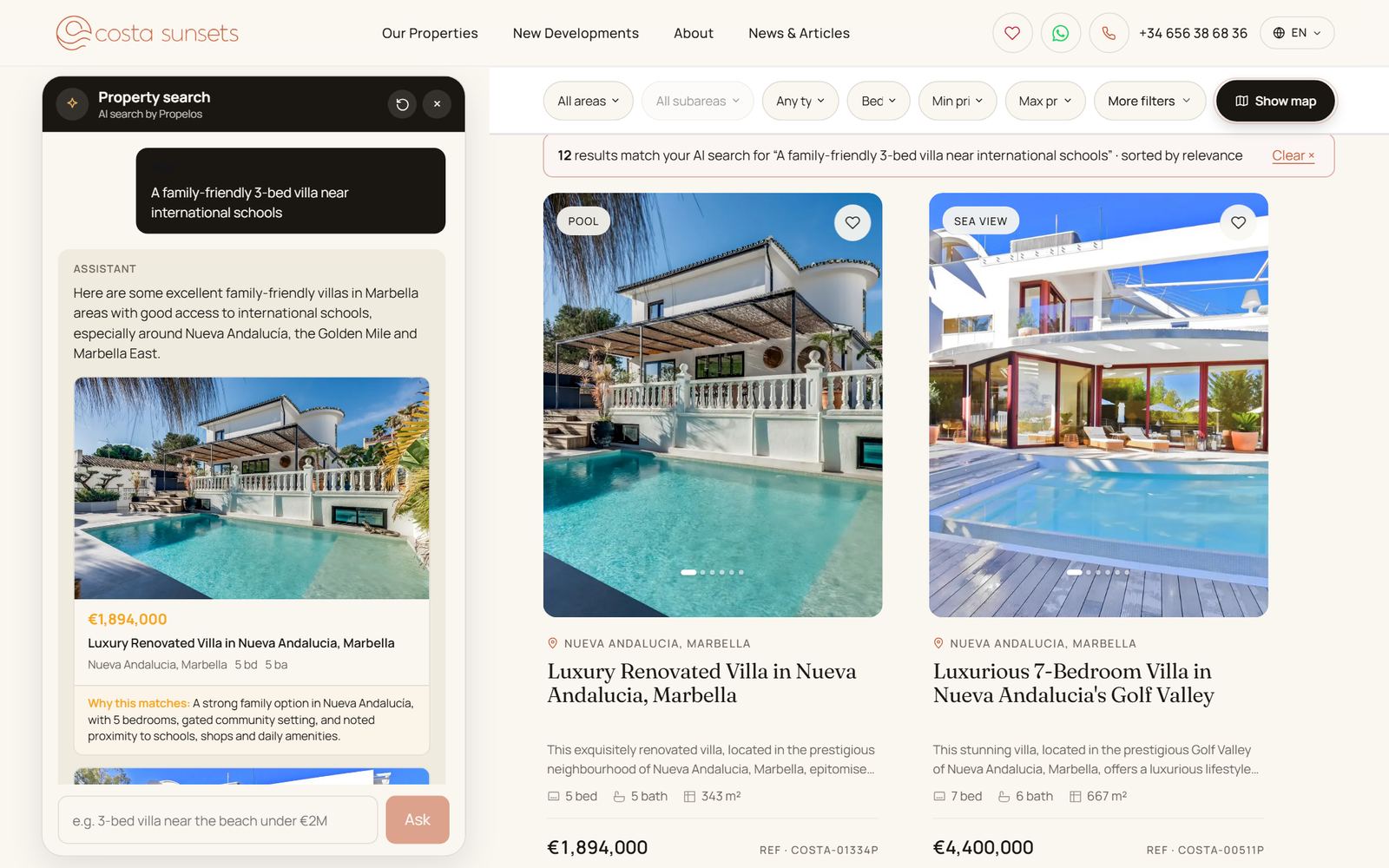 AI property search on costasunsets.com answering “a family-friendly 3-bed villa near international schools” with matched villas