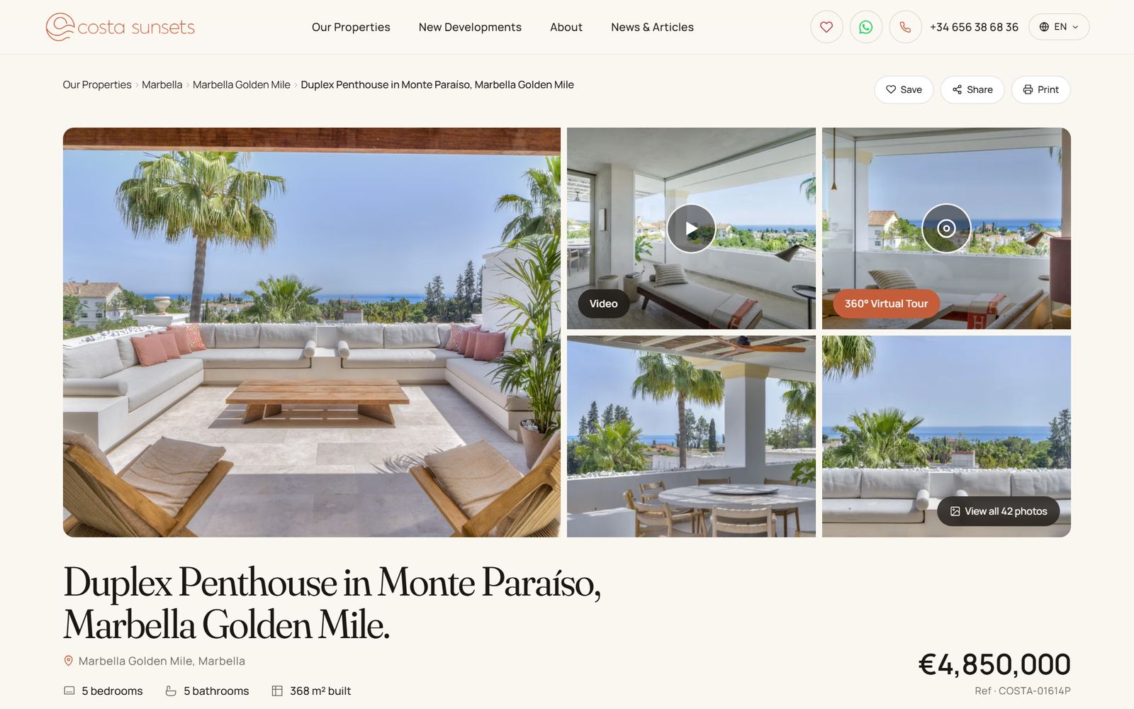 A property page on costasunsets.com with gallery, video and 360° virtual tour