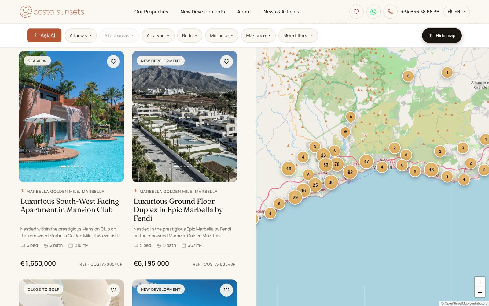 Dynamic map search on costasunsets.com — clustered listings along the Costa del Sol beside the results grid