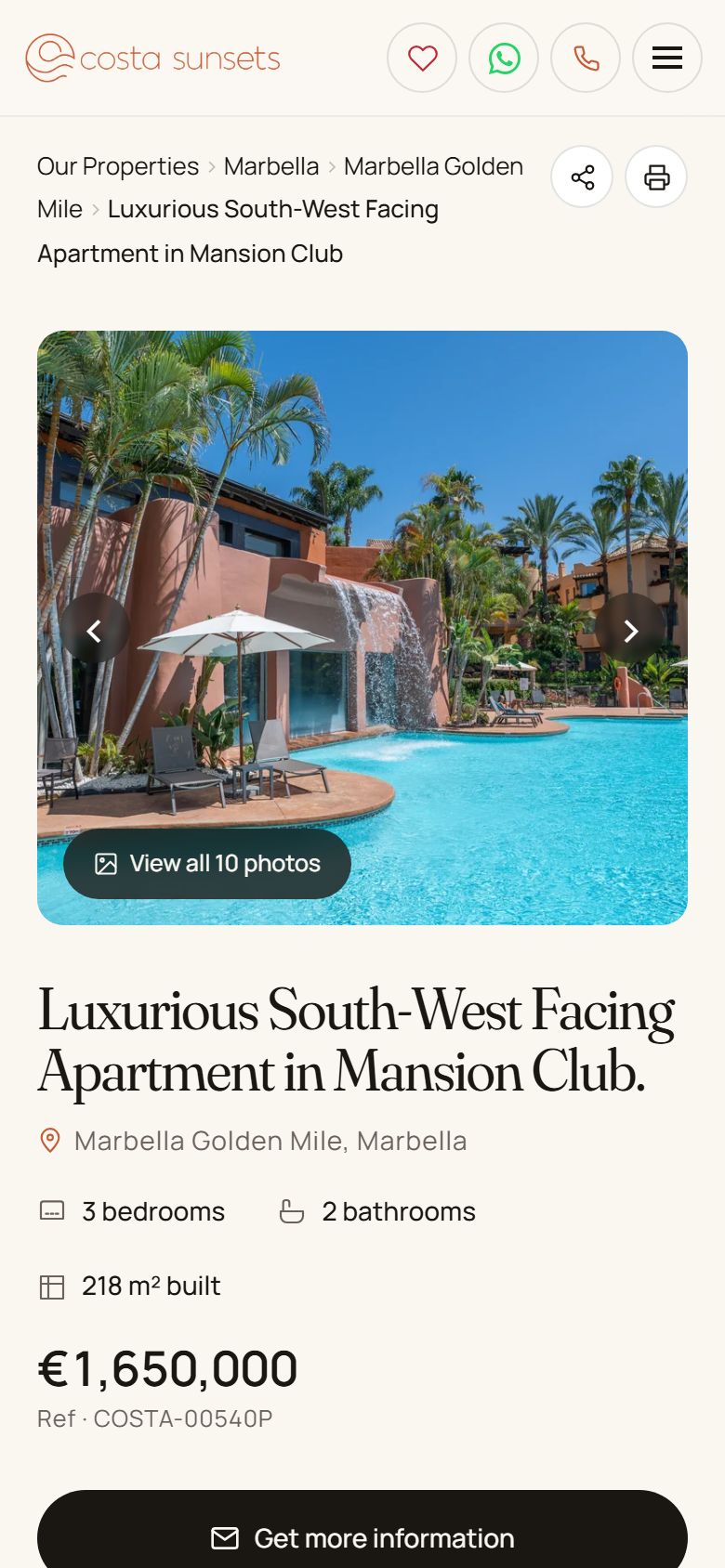 A property page on mobile — gallery, details and enquiry