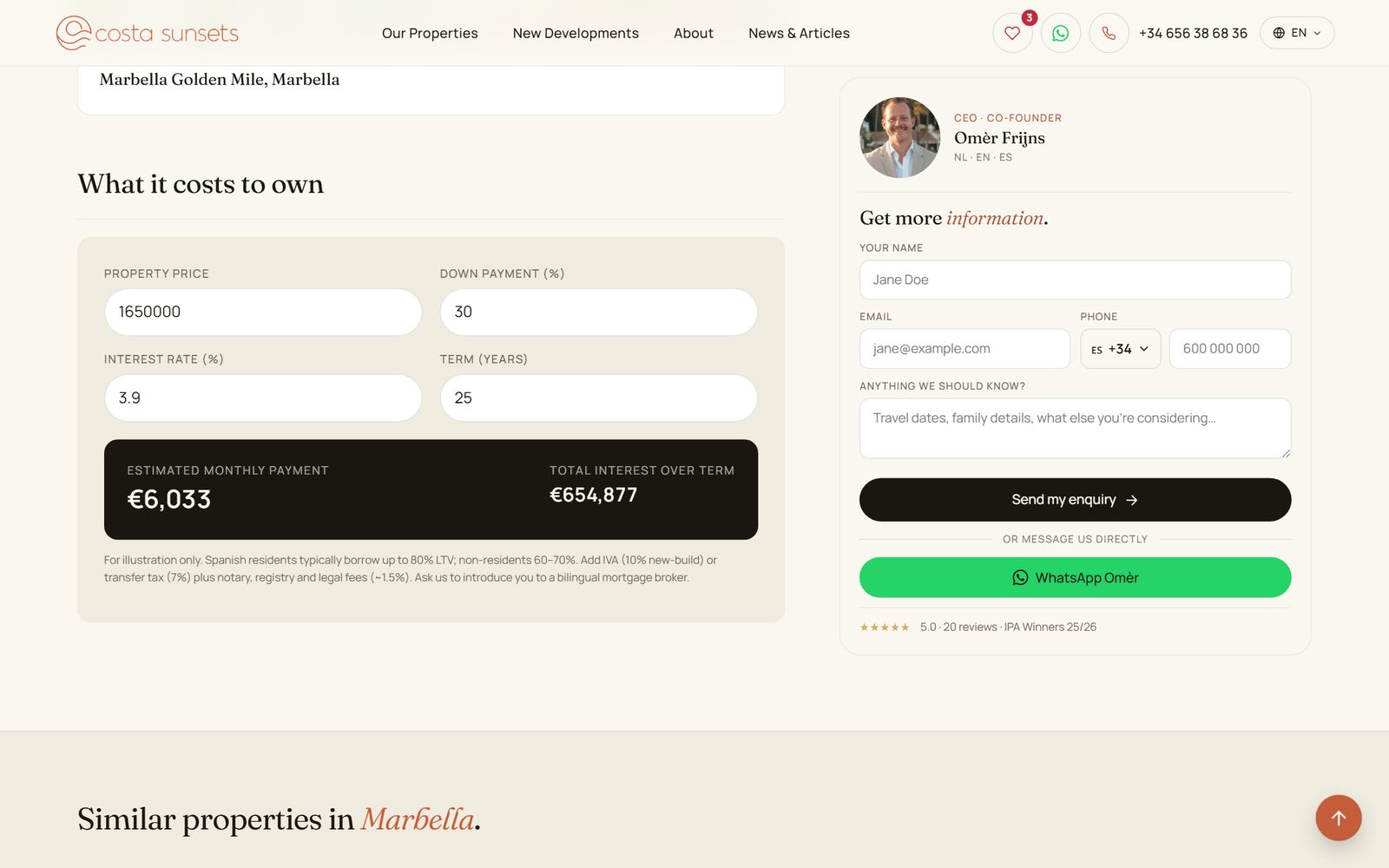A costasunsets.com property page: mortgage calculator with monthly payment, agent card and WhatsApp button beside the enquiry form