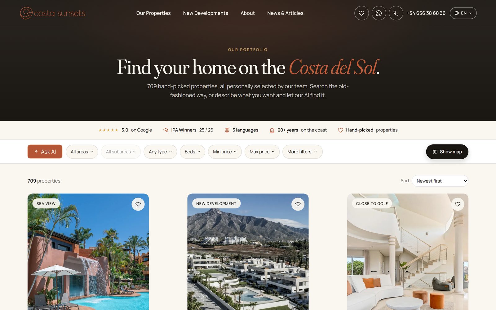 Property listings on costasunsets.com, built on the Propelos Website Platform