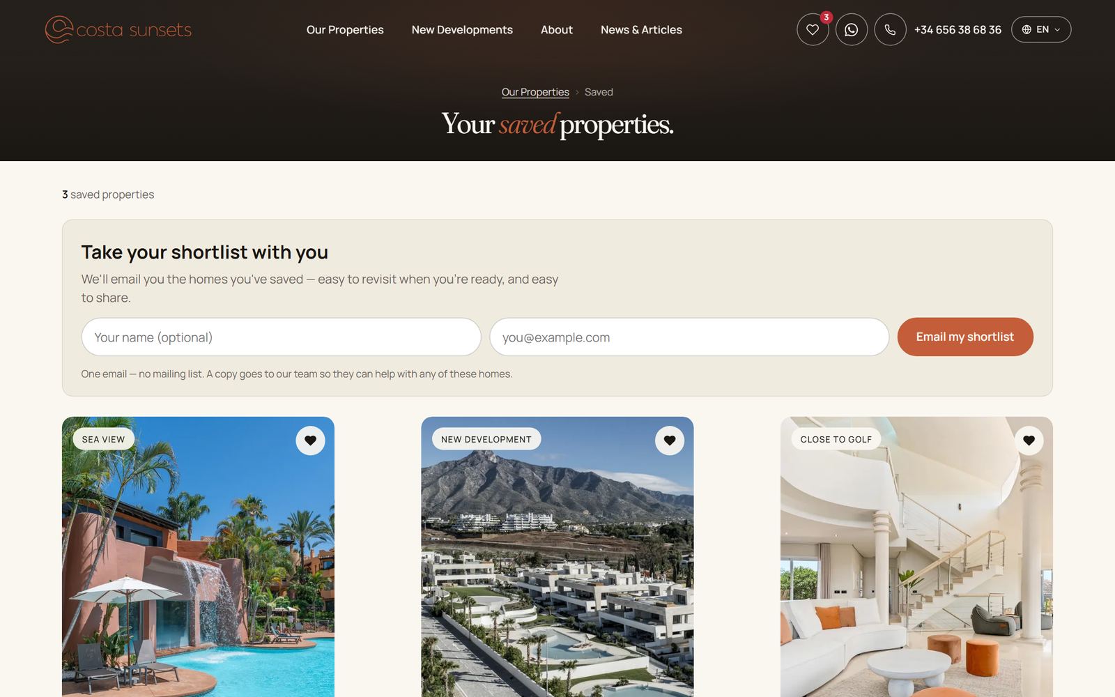 The saved-properties page on costasunsets.com with the “Email my shortlist” band and three saved homes