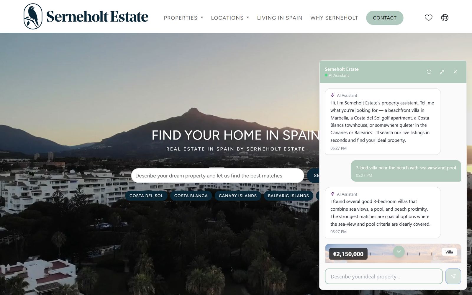 serneholtestate.com with the Propelos AI Property Finder open, answering a buyer's query